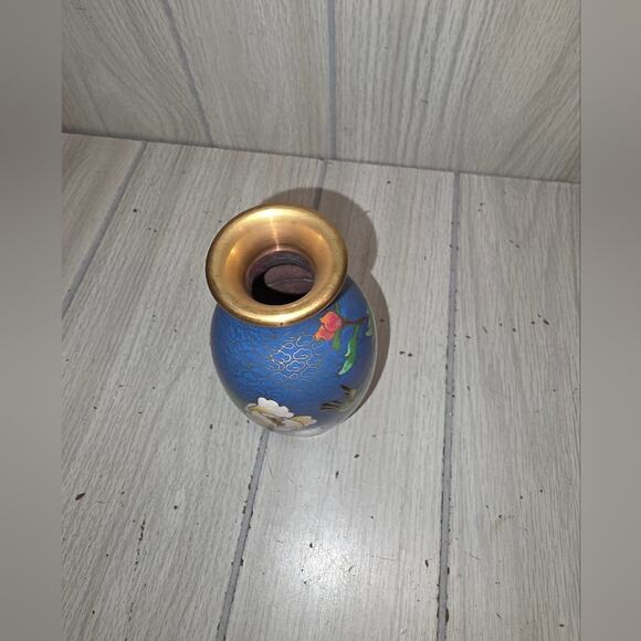 Vtg Floral Cloisonne Vase Chinese Brass Enamel Blue Victorian Hollywood Regency - Picture 4 of 9